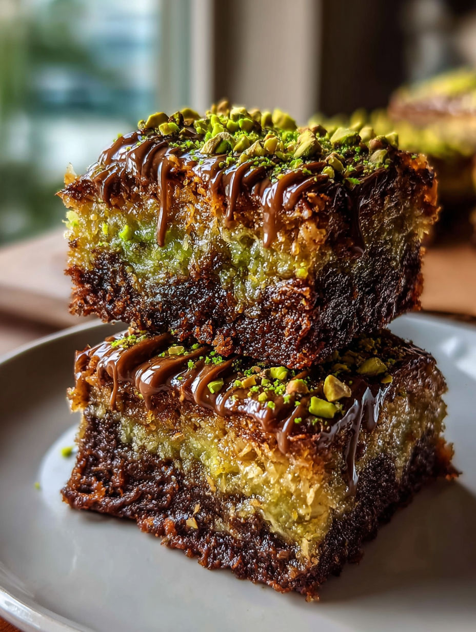 A slice of pistachio kunafa brownies.