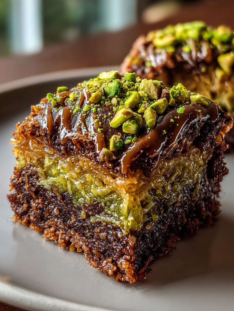 A slice of pistachio kunafa brownies with a drizzle of caramel.