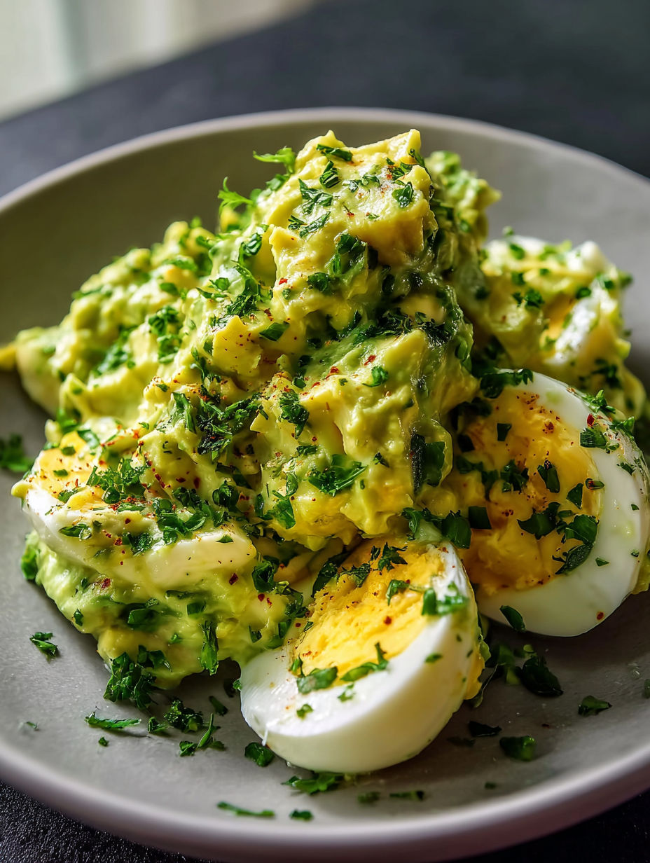 Creamy avocado egg mix served ready to eat.