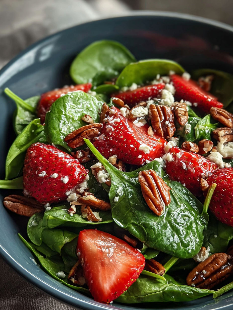 Bowl with fresh spinach, strawberry, and pecan salad.