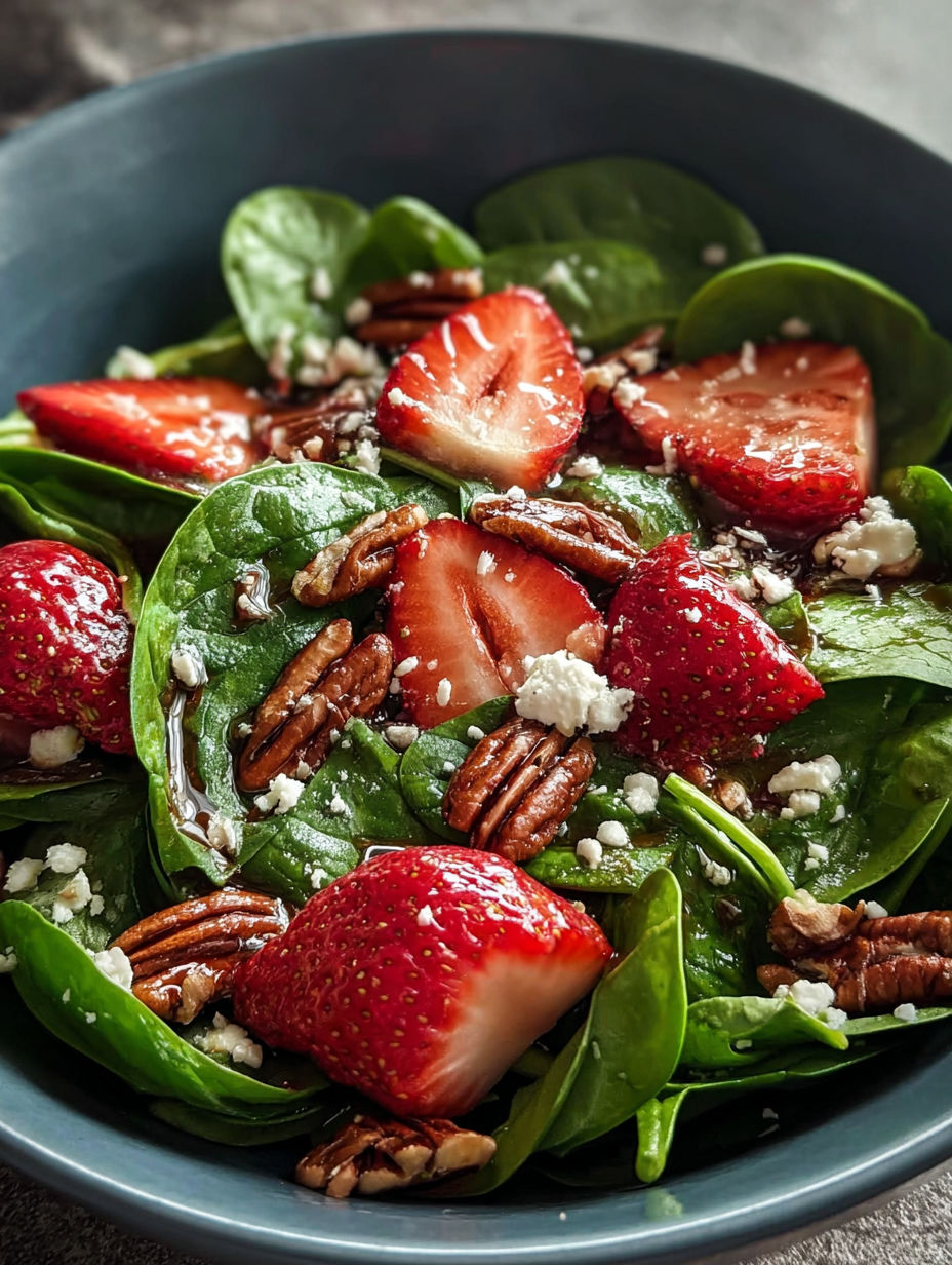A bowl of spinach strawberry salad with pecans.