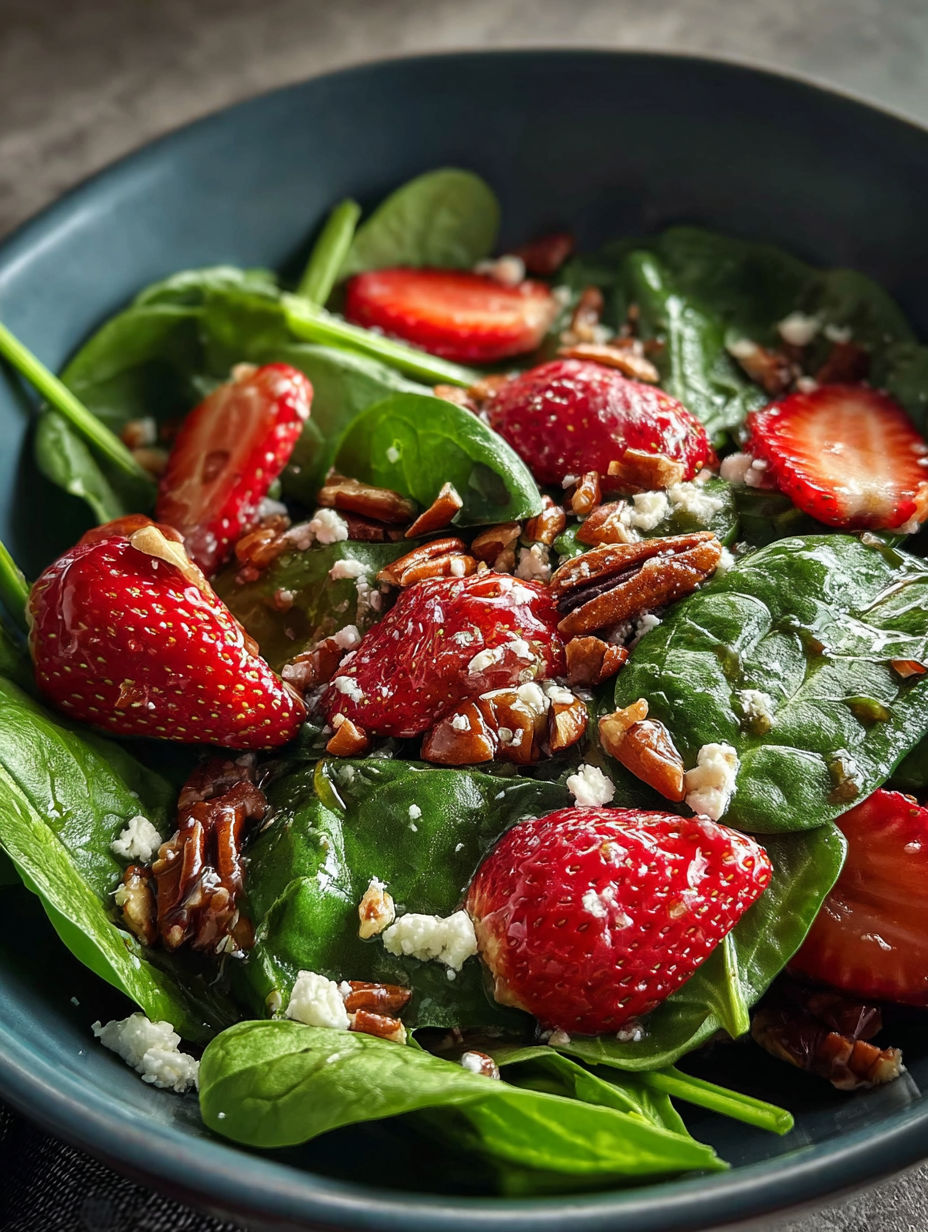 A bowl of spinach strawberry salad with pecans.