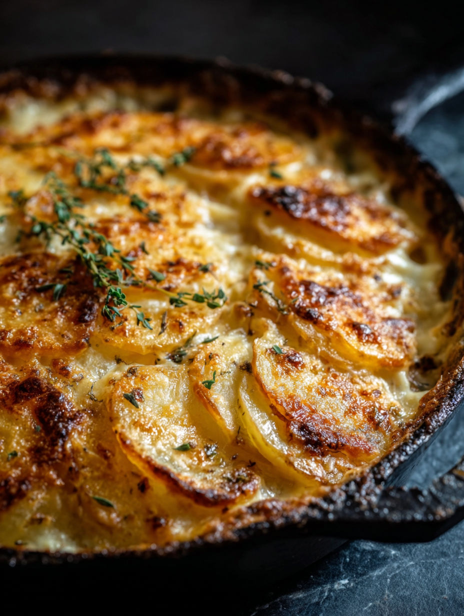A potato gratin with cheese and herbs.