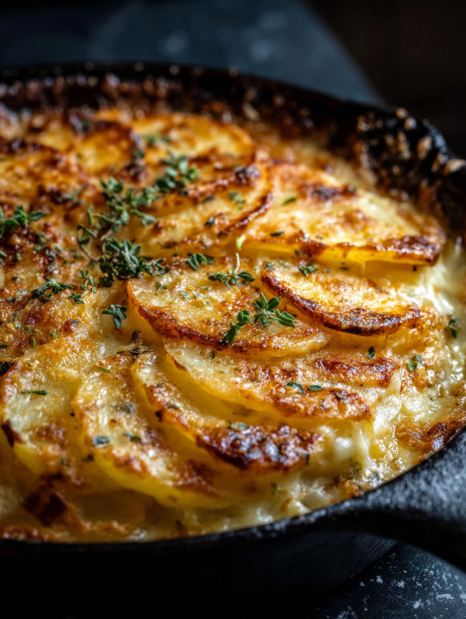 A close up of a potato gratin.