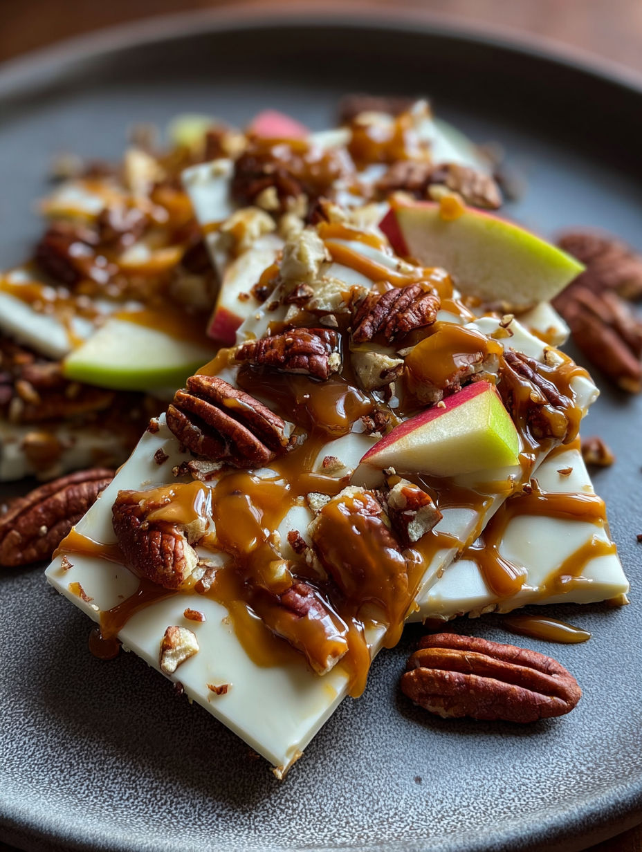 Close-up shot of crunchy caramel apple bark.