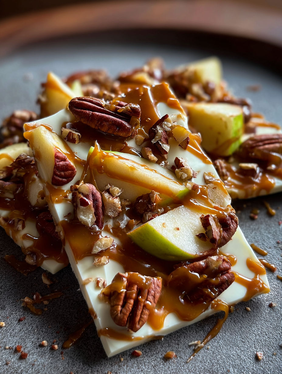 Close-up of caramel apple bark with toppings.