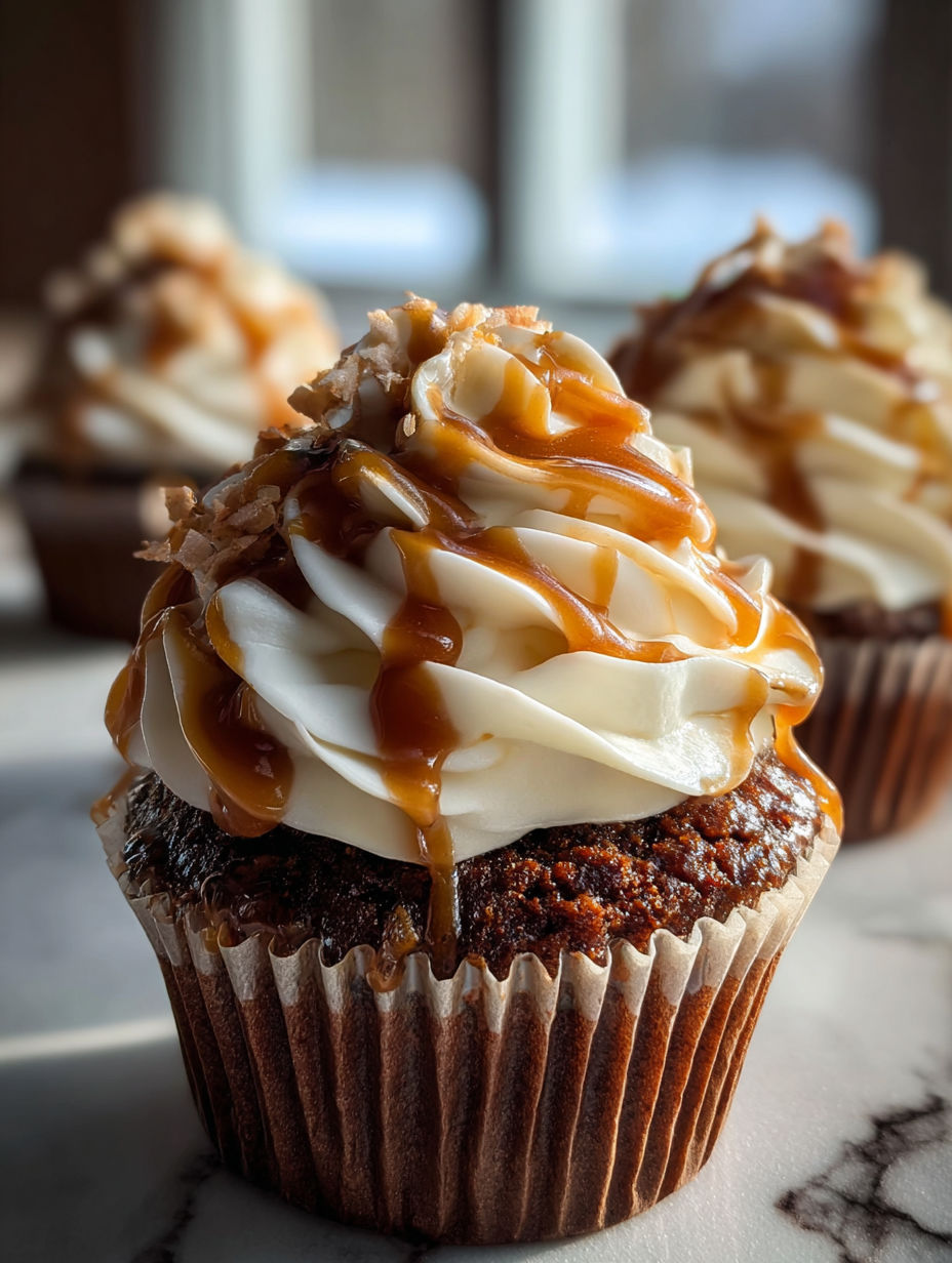 Cupcake topped with caramel drizzle and whipped cream.