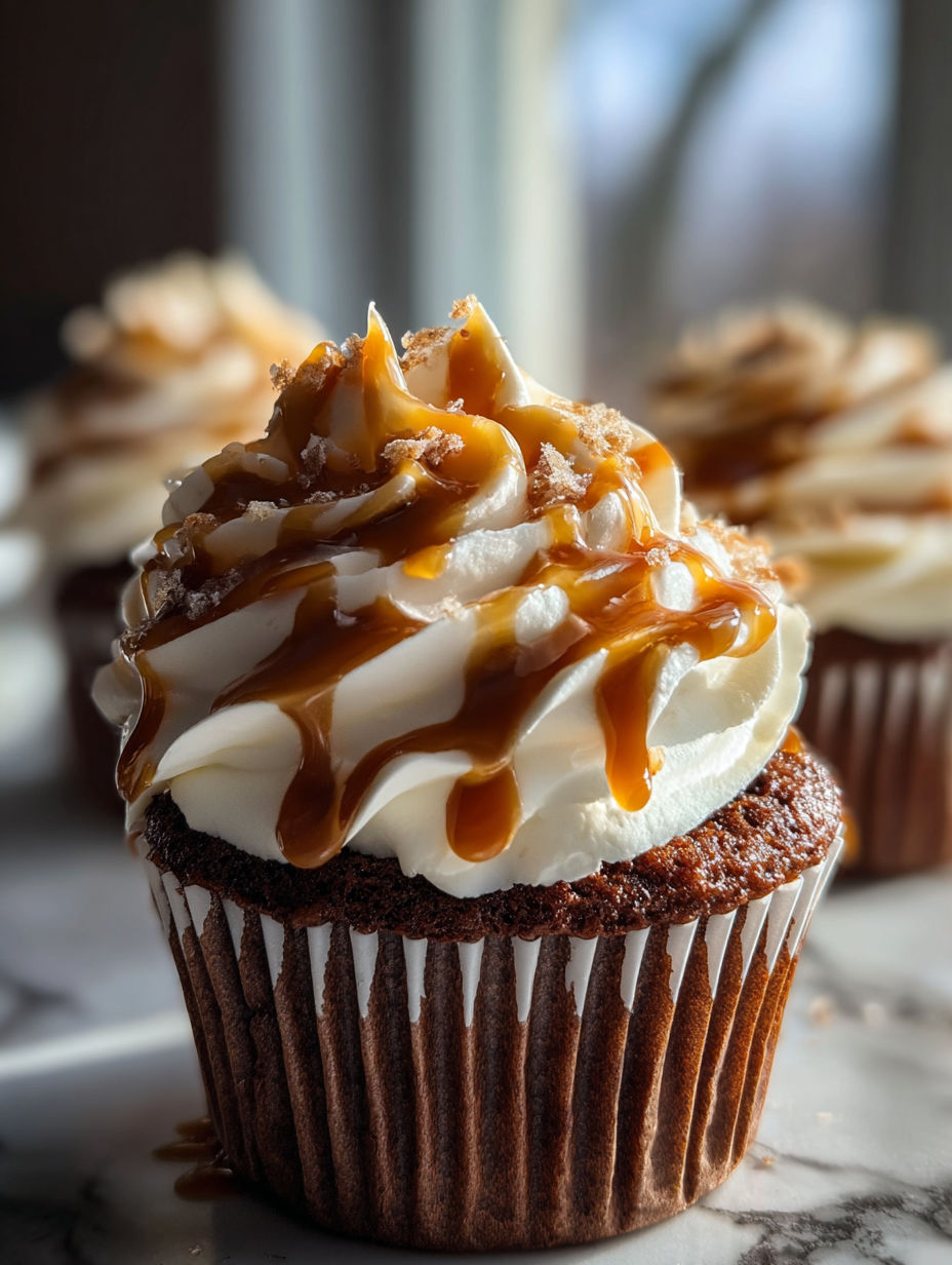 A cupcake with caramel sauce and whipped cream.