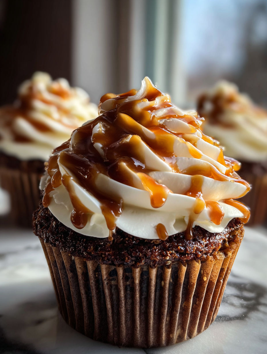 A cupcake with caramel sauce and whipped cream.