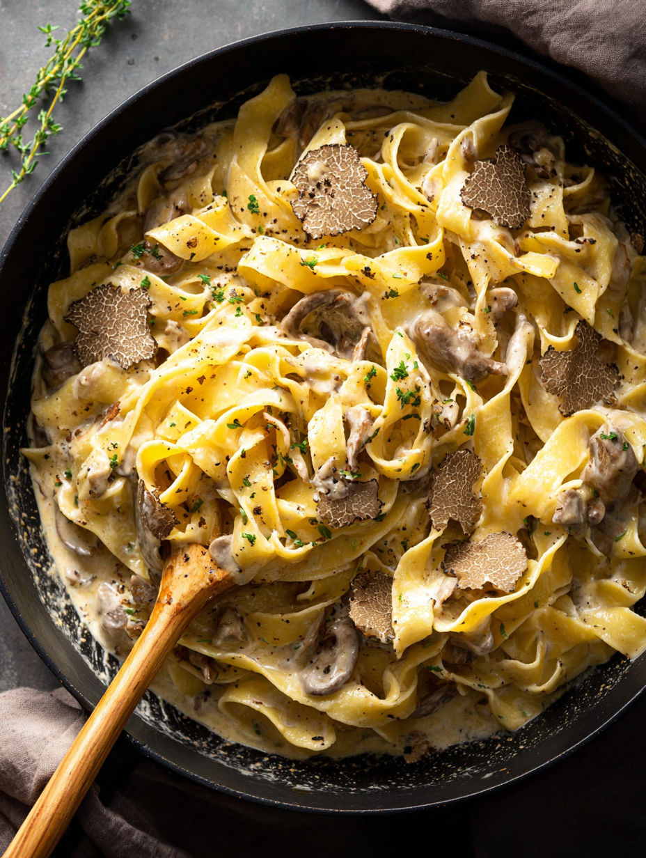 A bowl of pasta with mushrooms and truffle oil.