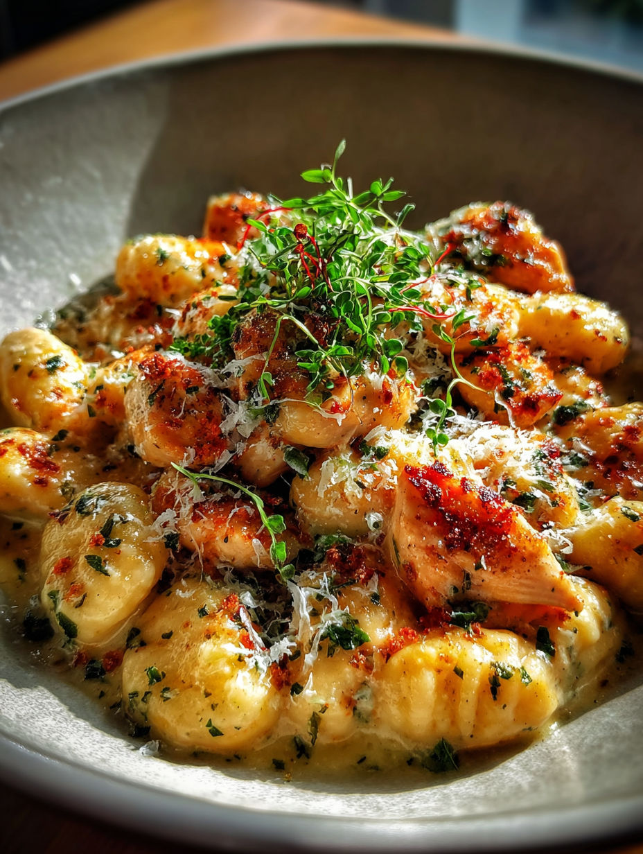 A bowl of Asiago Chicken Gnocchi.