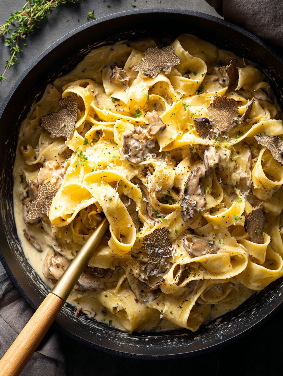A bowl of pasta with mushrooms and truffle oil.