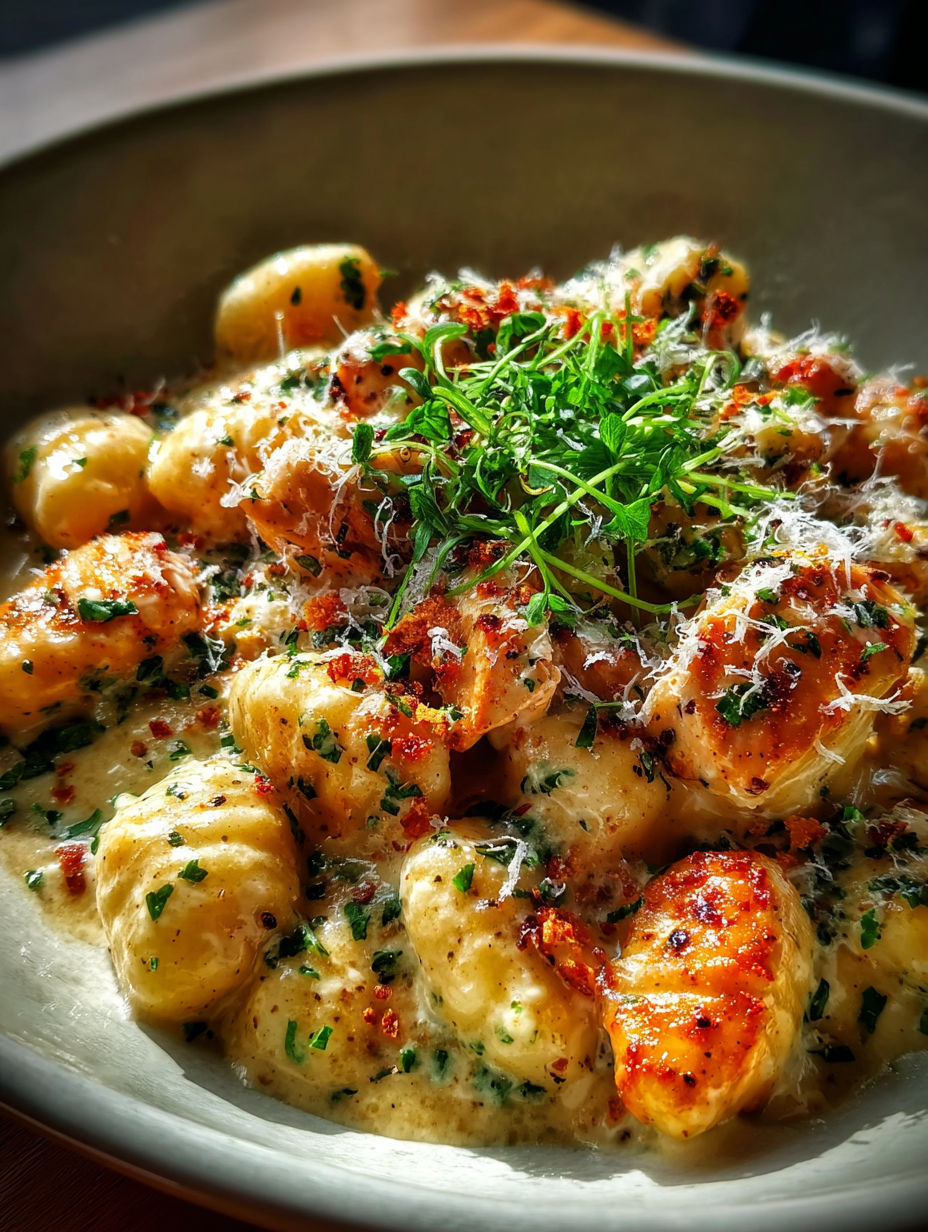 A bowl of Asiago chicken gnocchi.