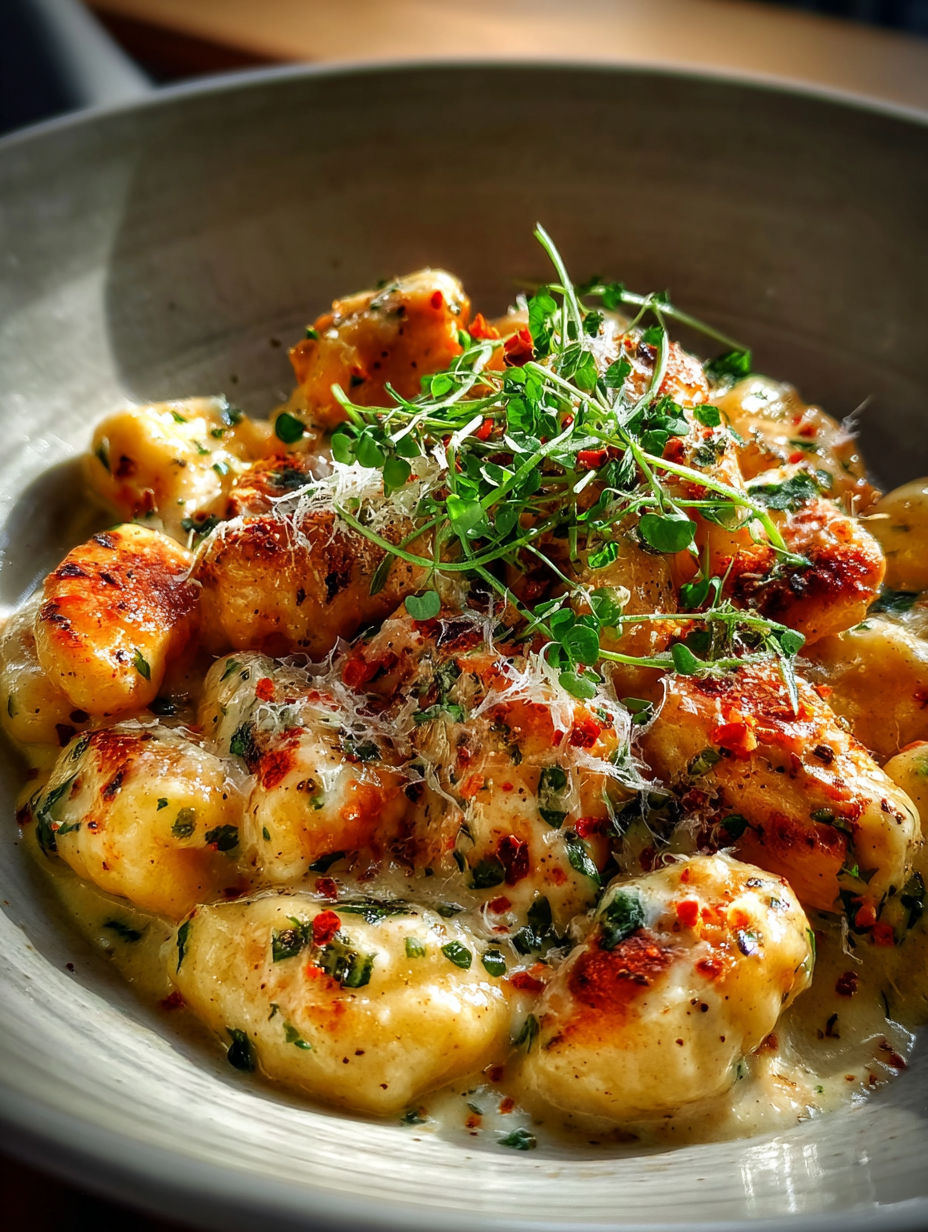 A bowl of Asiago chicken gnocchi.