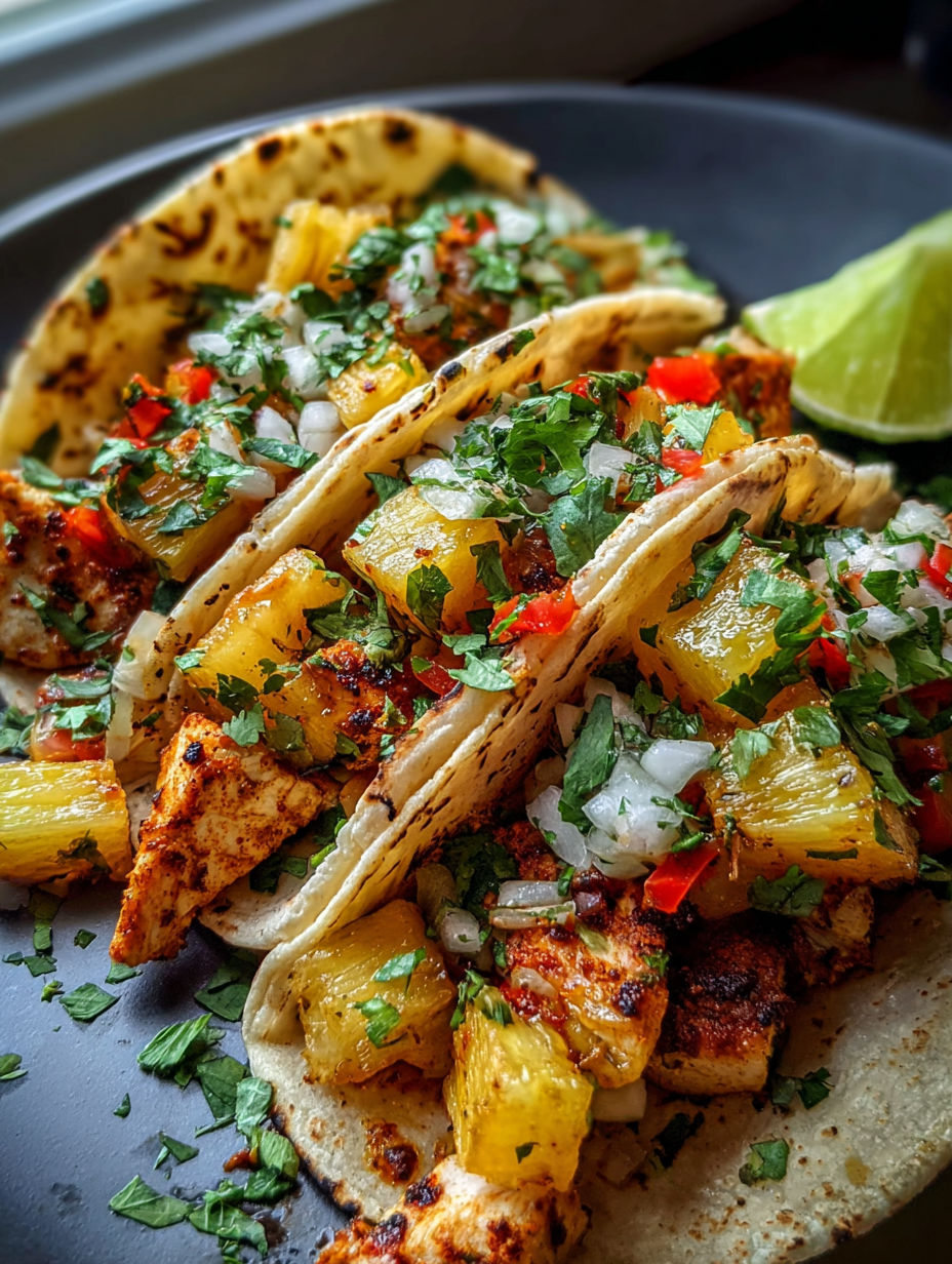 A plate of chicken pineapple tacos.
