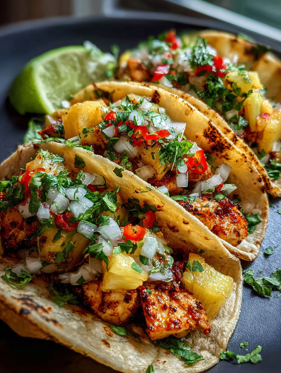A plate of food with chicken, pineapple, and onions.
