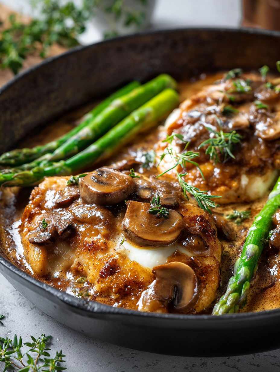 Madeira chicken with asparagus and mushrooms.