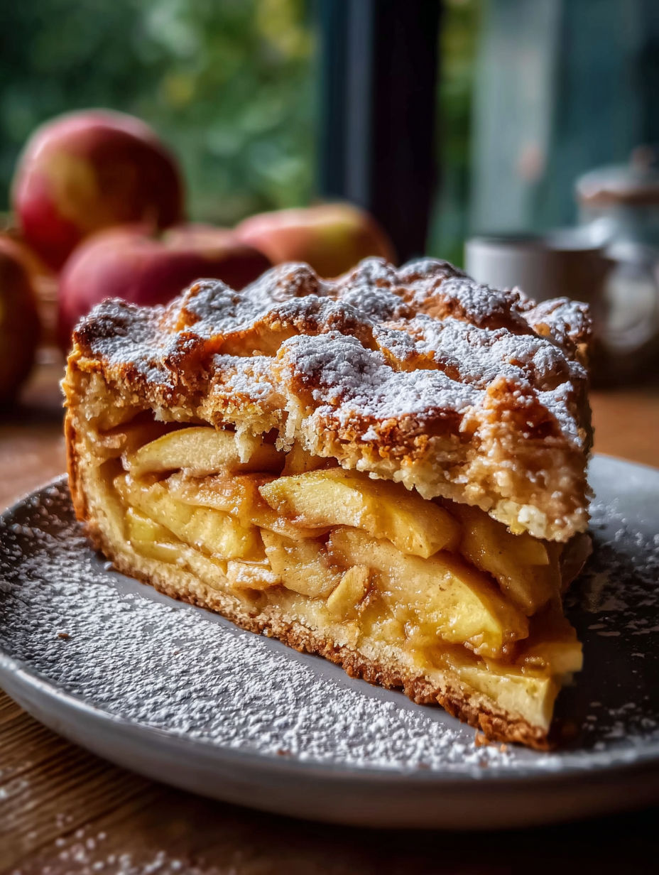 A slice of apple pie cake on a plate.