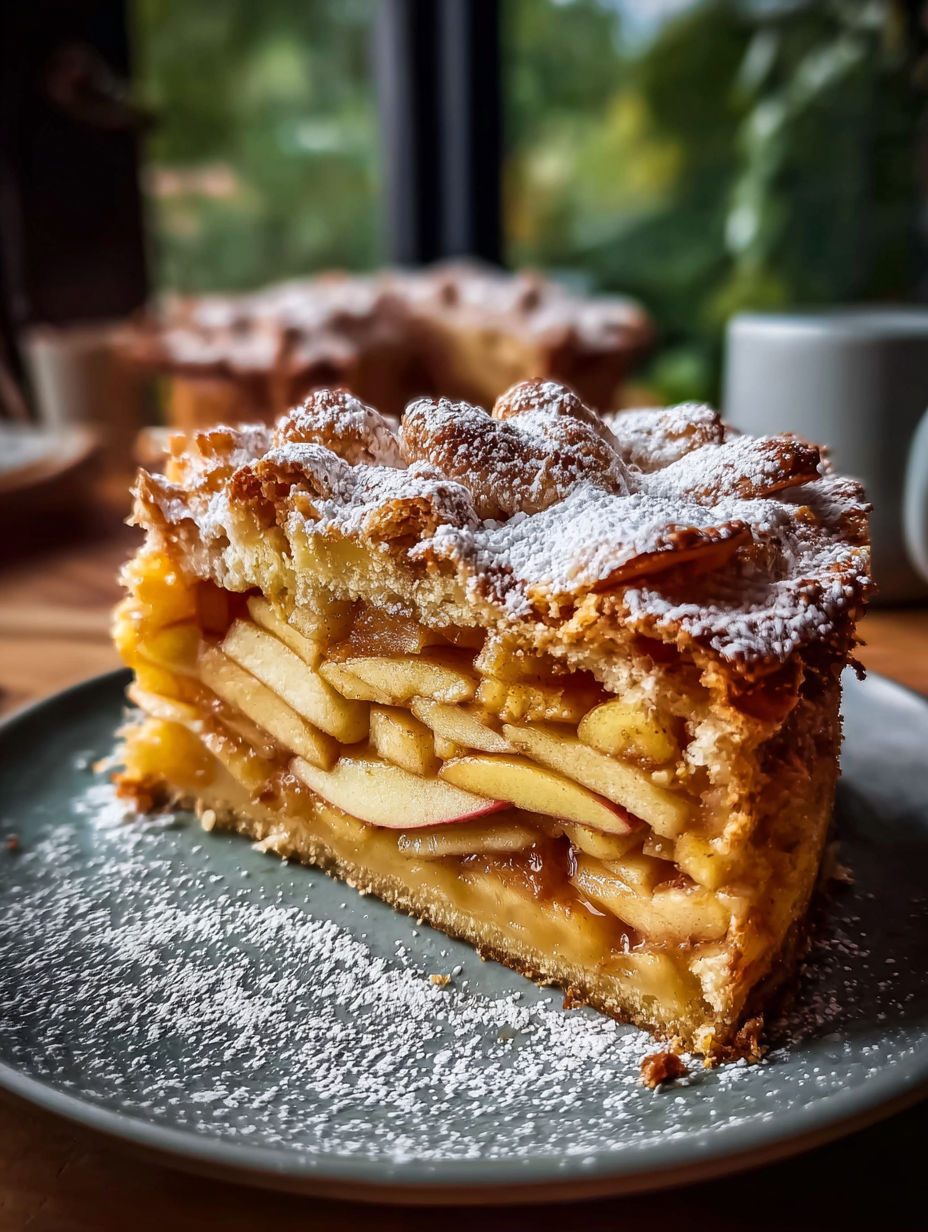 A slice of a pie with apples and sugar on top.