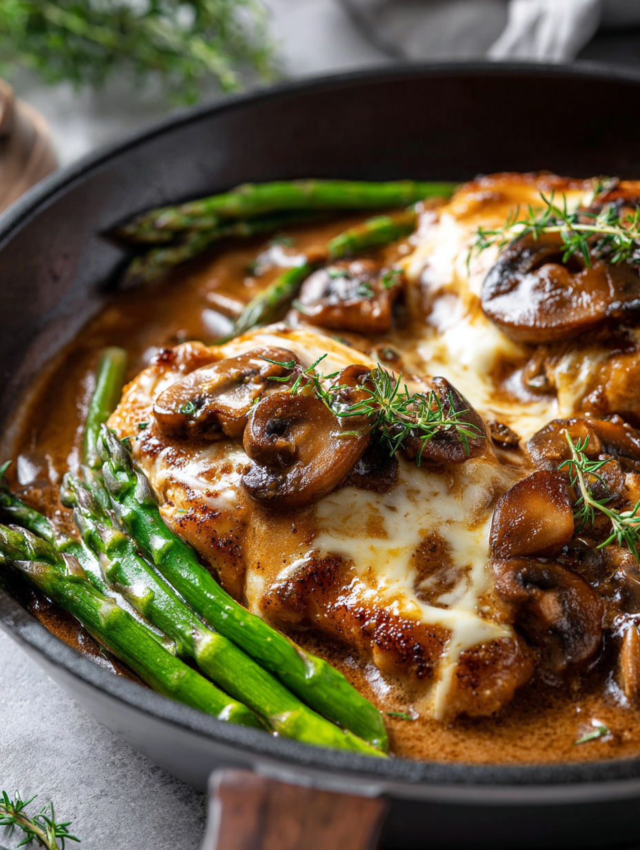 Chicken Madeira with mushrooms and asparagus on a plate.