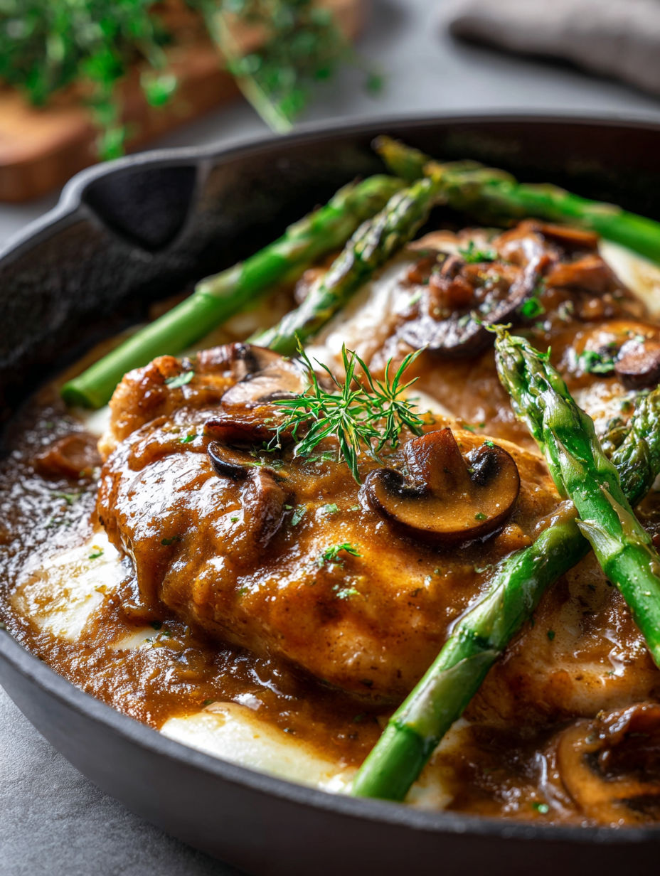 Chicken Madeira served with mushrooms and asparagus.