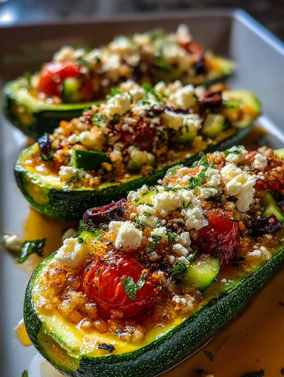 A plate of stuffed zucchini with tomatoes and feta cheese.
