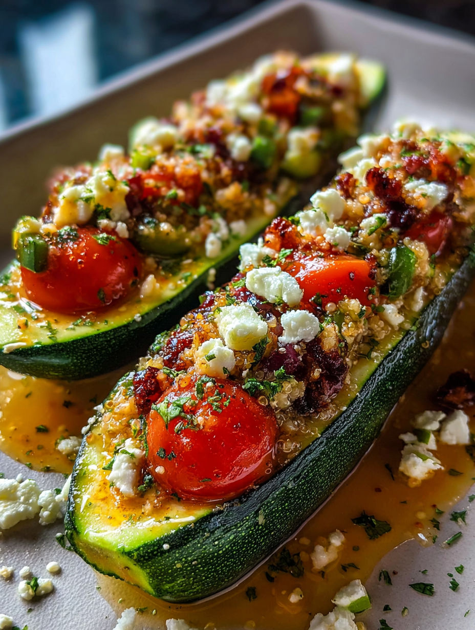 Two stuffed zucchinis with tomatoes and cheese.