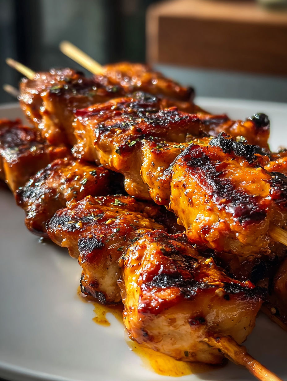 Close-up of honey chipotle chicken skewers on a white plate.