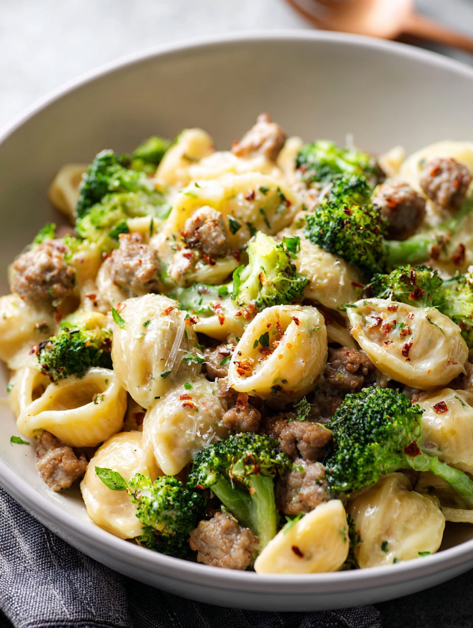 A bowl of pasta with sausage and broccoli.