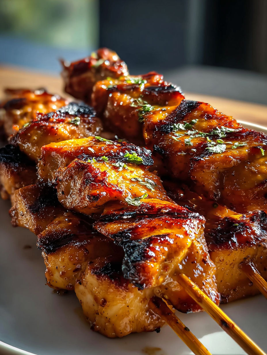 Chipotle honey chicken skewers on a plate.