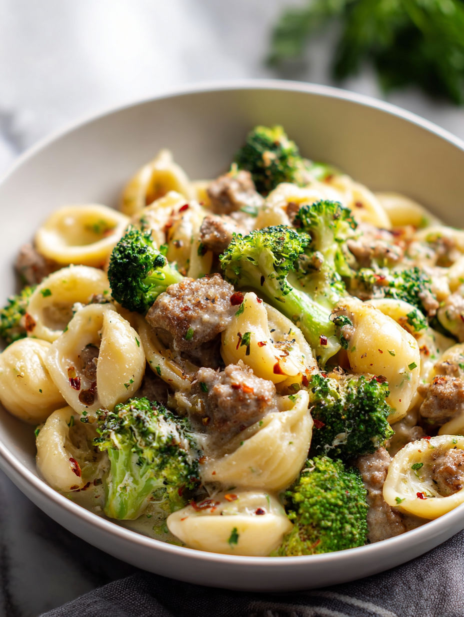 A bowl of pasta with sausage and broccoli.