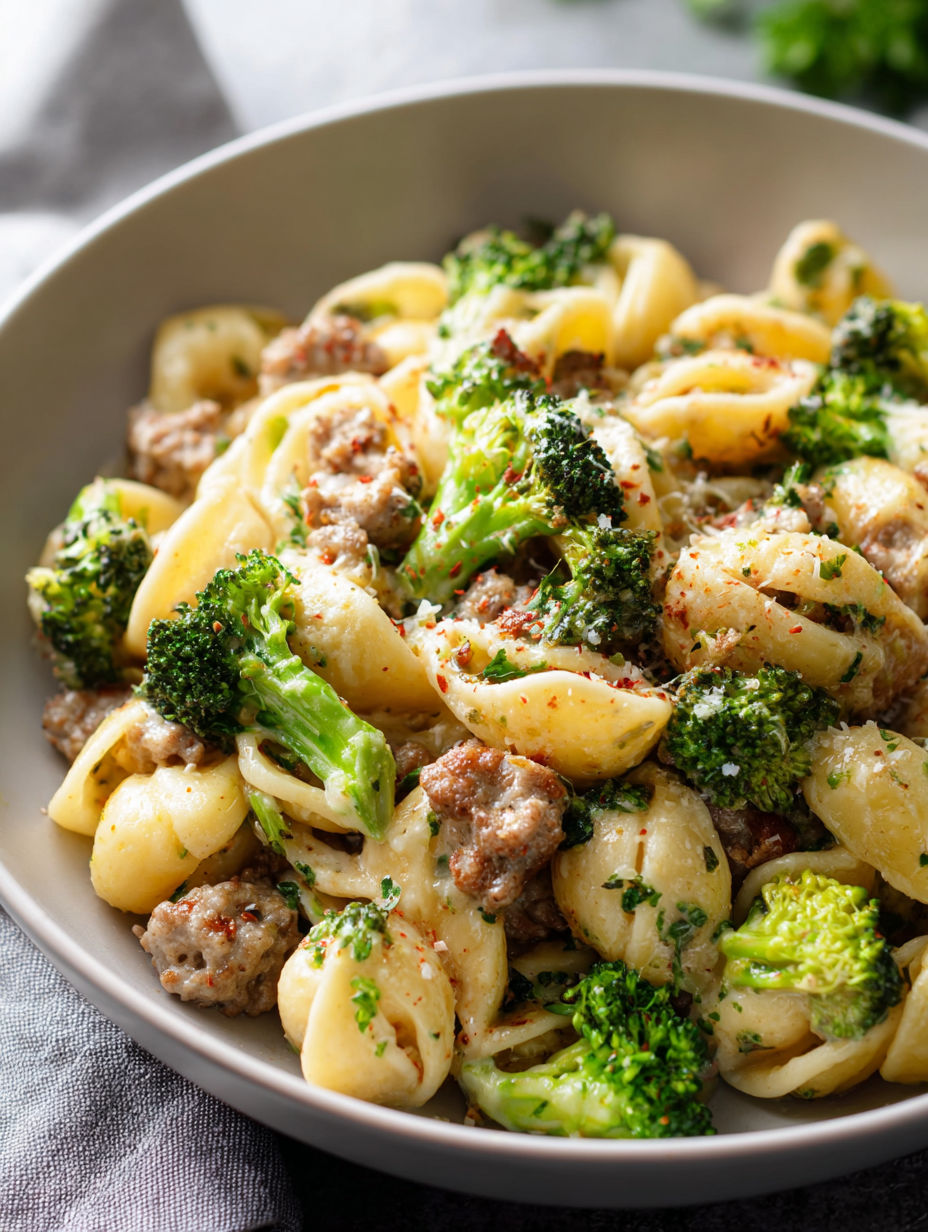 A plate of pasta with sausage and broccoli.