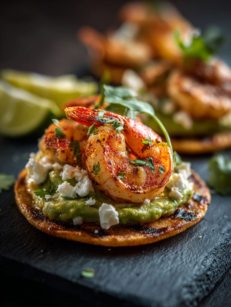 Tostadas topped with grilled shrimp and creamy avocado.