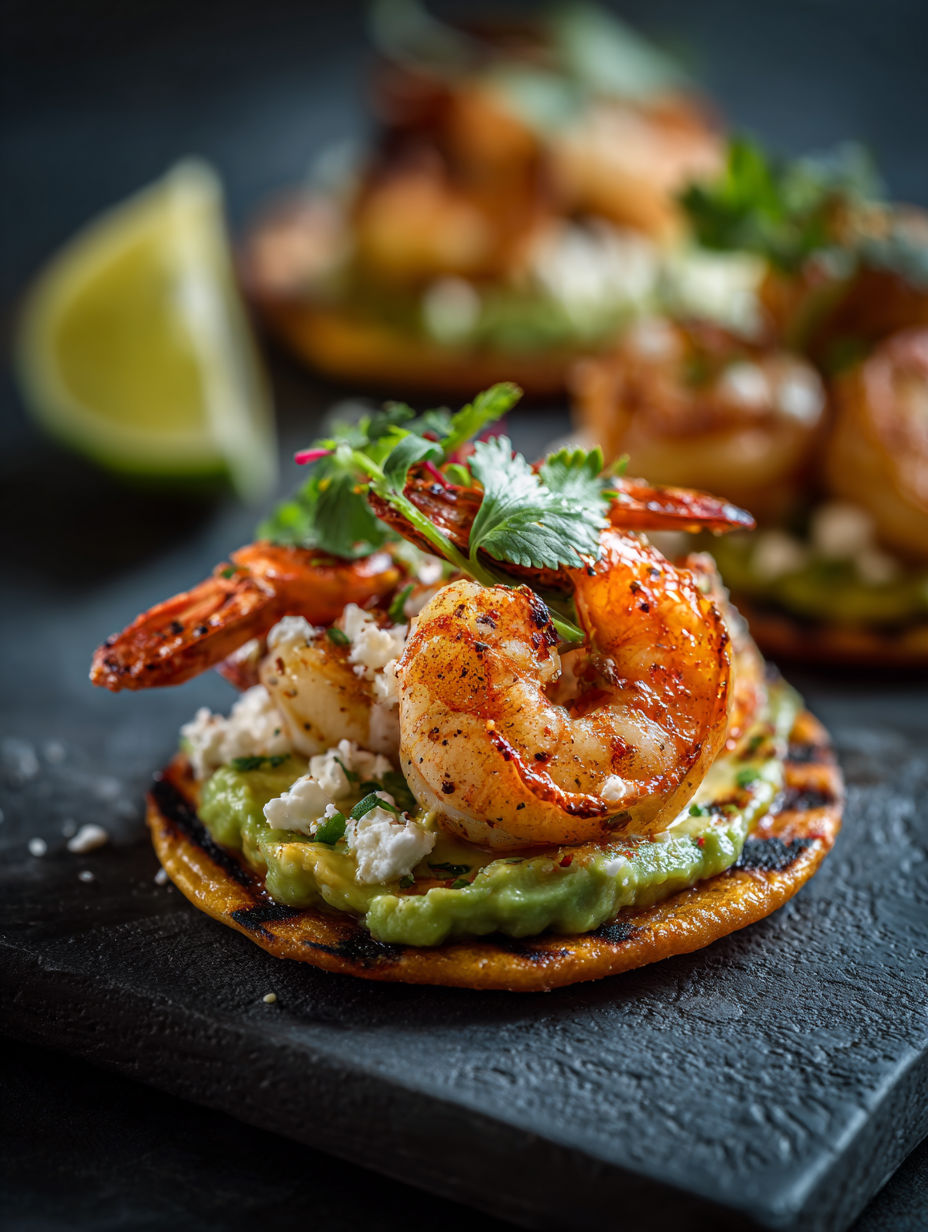 Grilled Shrimp Tostadas with Creamy Avocado.