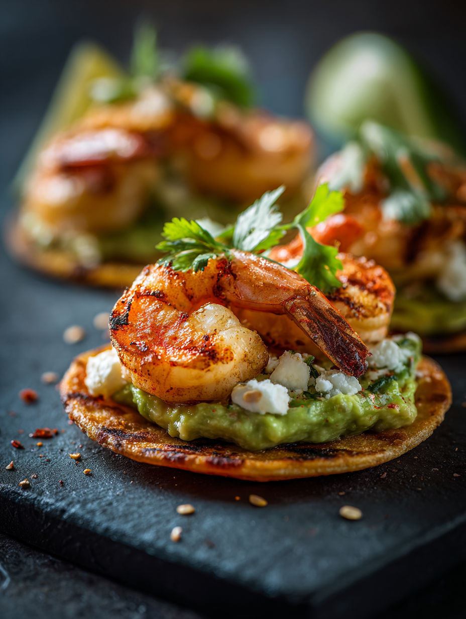 Grilled Shrimp Tostadas with Creamy Avocado.