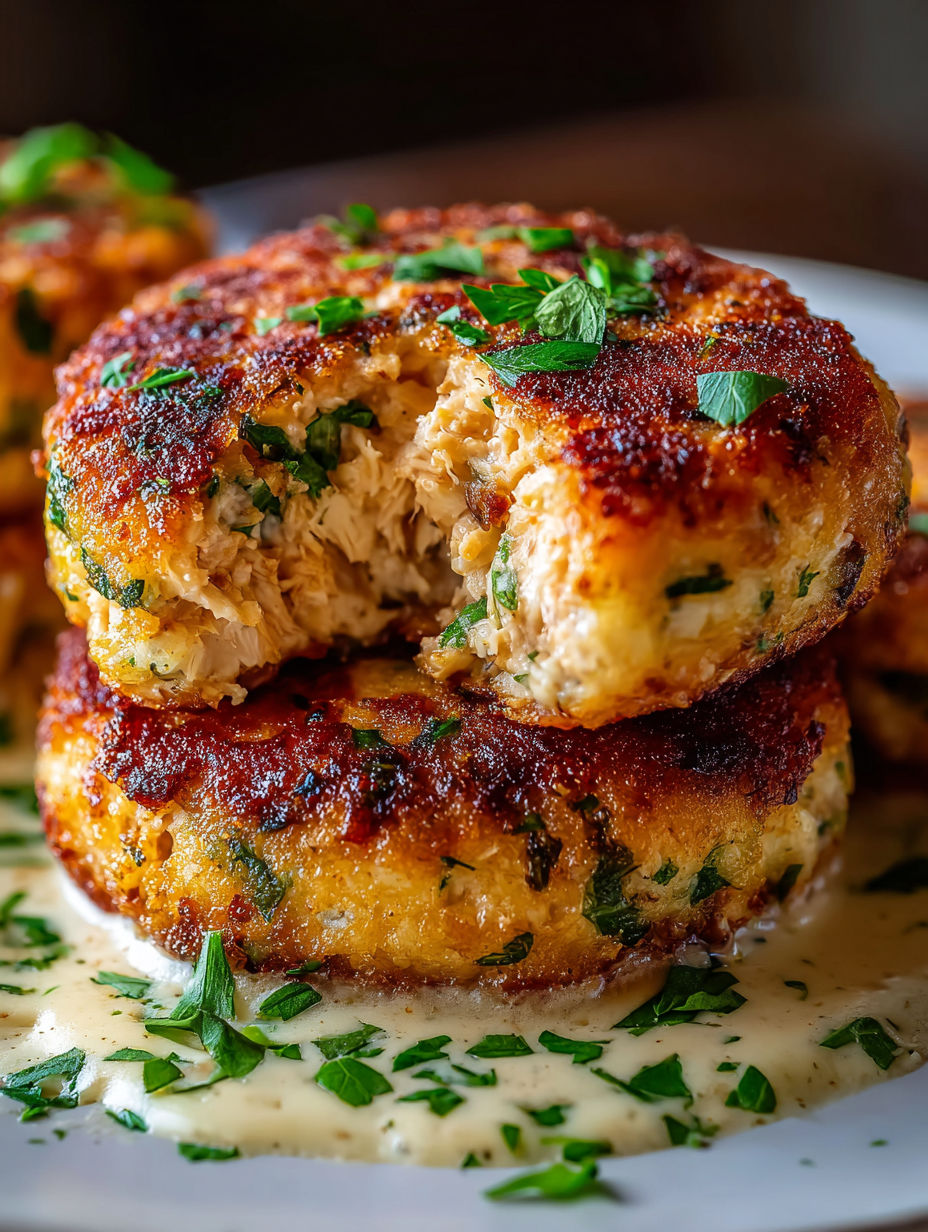 Crunchy cheesy tuna patties stacked.