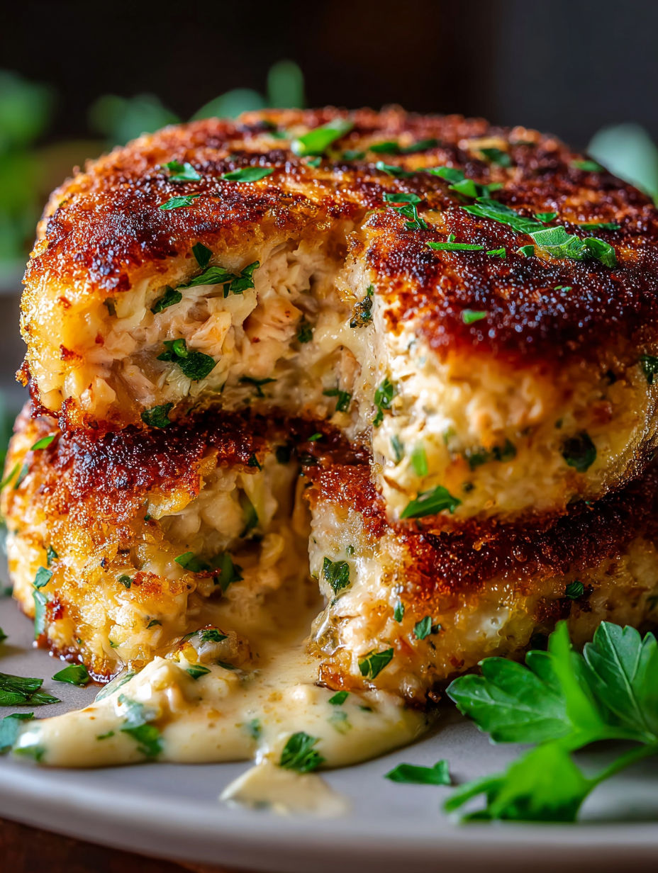 Close up showing a tuna melt patty.