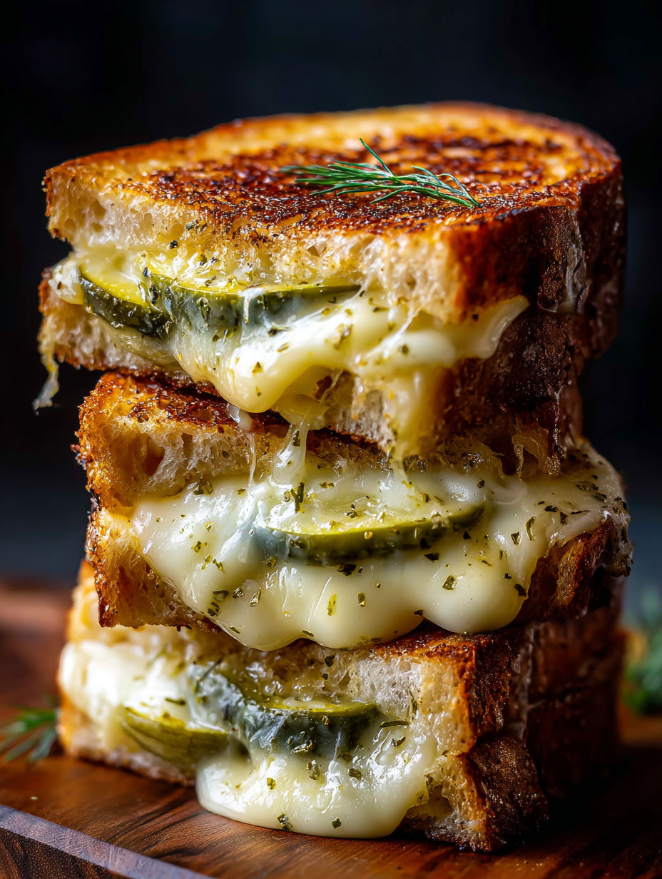 Grilled cheese sandwiches stacked with pickle slices on top