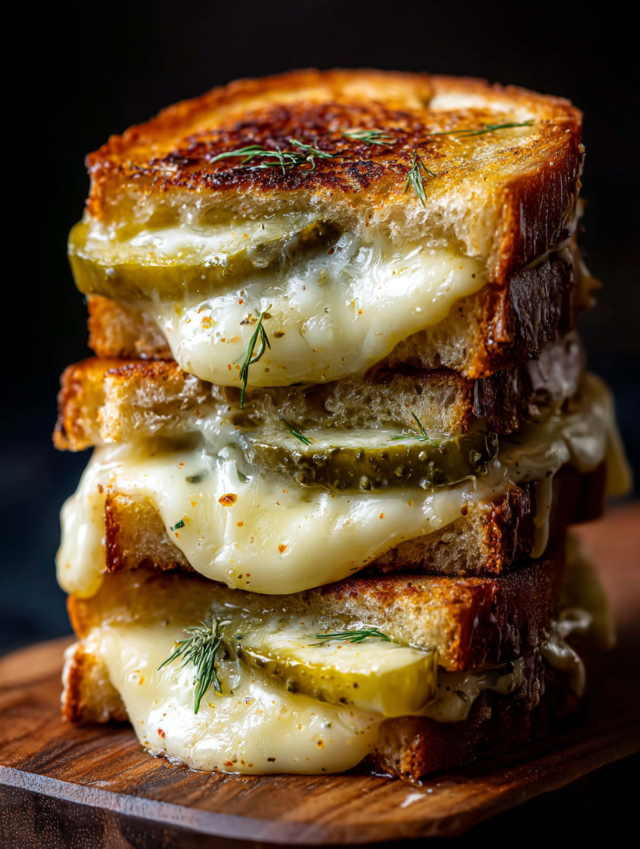 A stack of grilled cheese sandwiches with dill pickle on top.