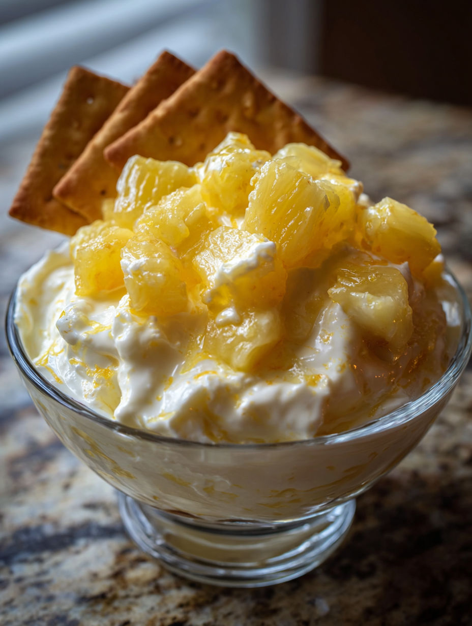 A bowl of pineapple dip with a Nilla wafer on top.