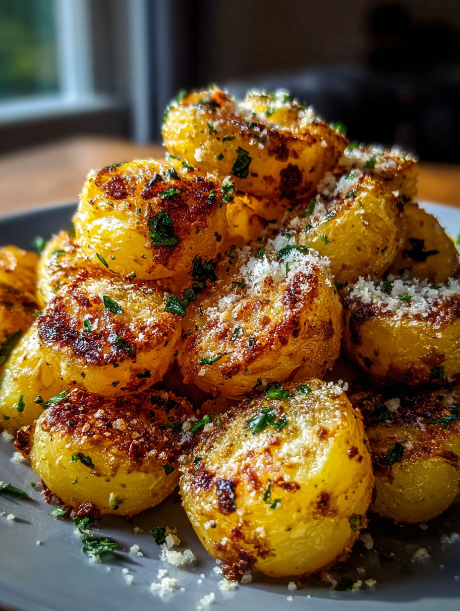 A plate of crispy Parmesan potatoes.