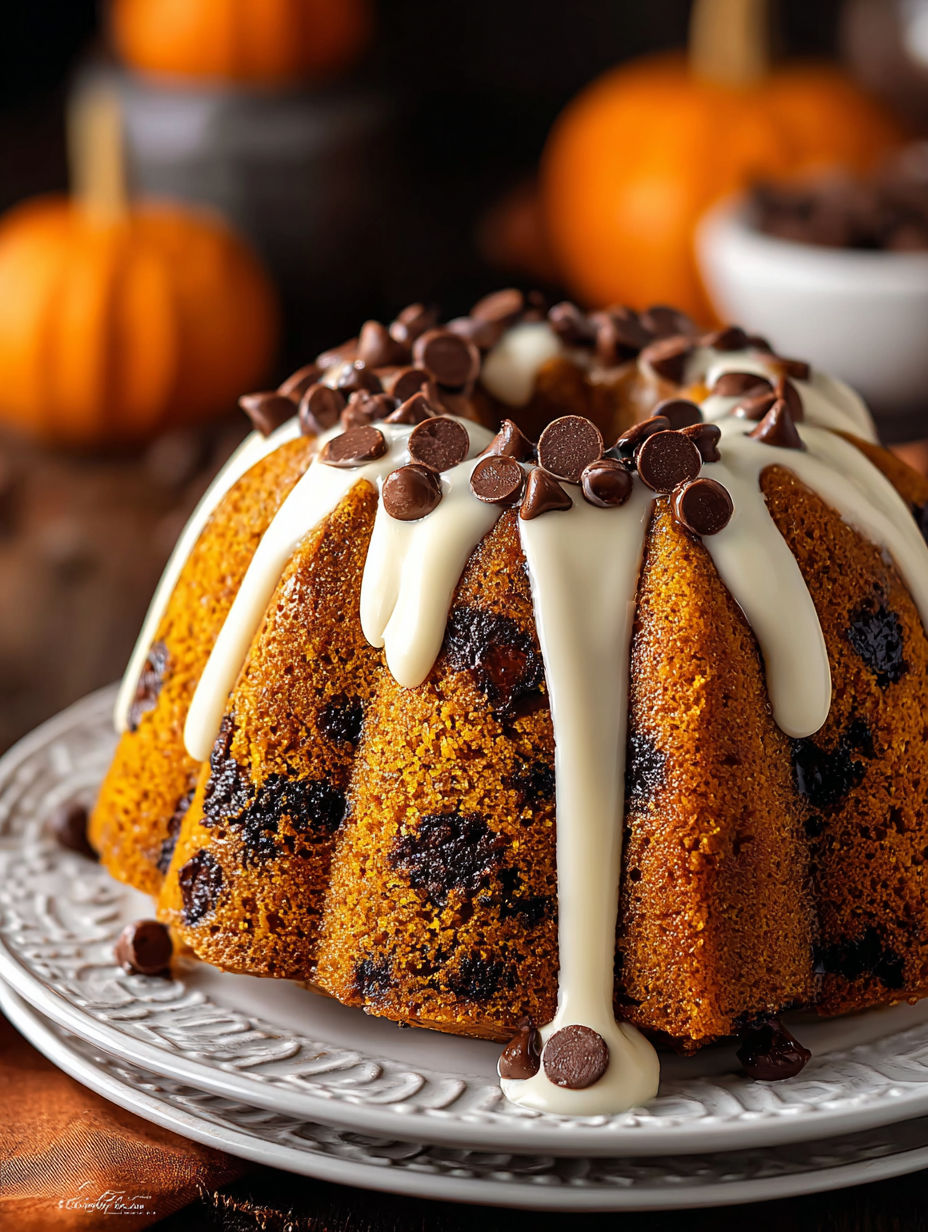 Bundt cake topped with chocolate chips and white icing.