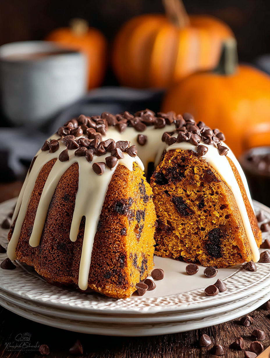 Bundt cake dotted with chocolate chips and pumpkin.