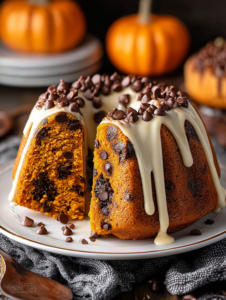 Close-up of Bundt cake with pumpkin and chocolate chips.