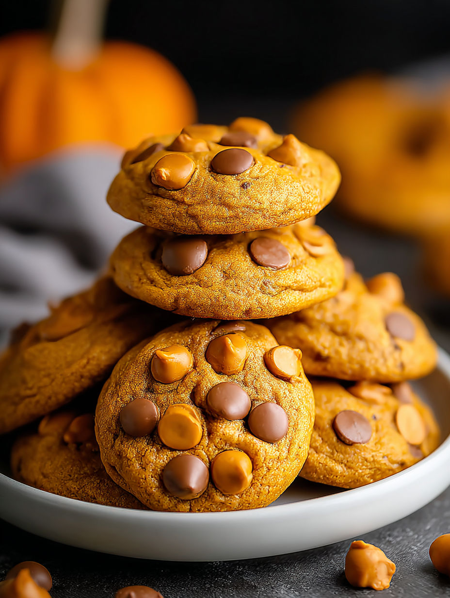 A stack of pumpkin butterscotch chip cookies.