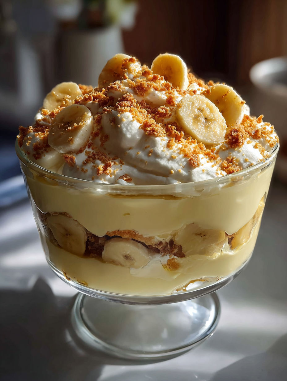 A banana pudding dessert with bananas and whipped cream.