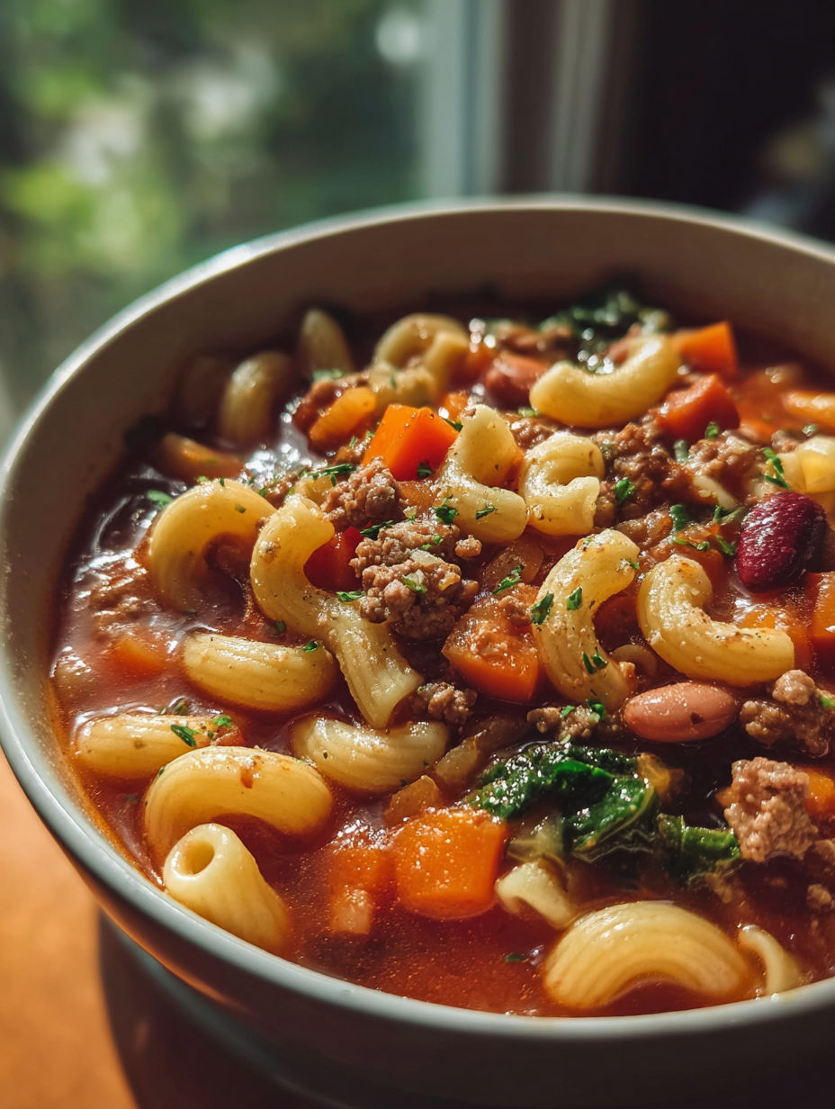 A bowl of pasta e fagioli.