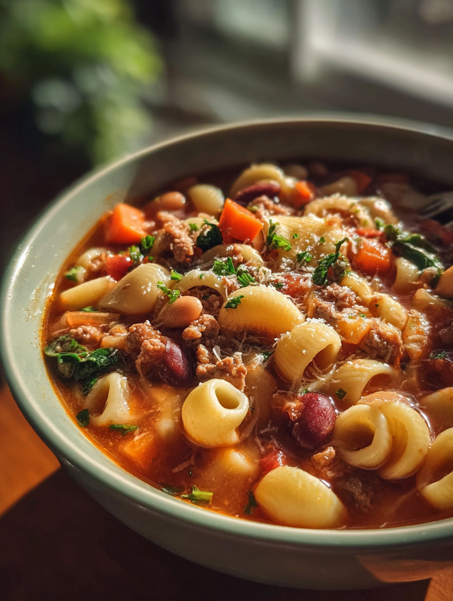 A bowl of pasta e fagioli.