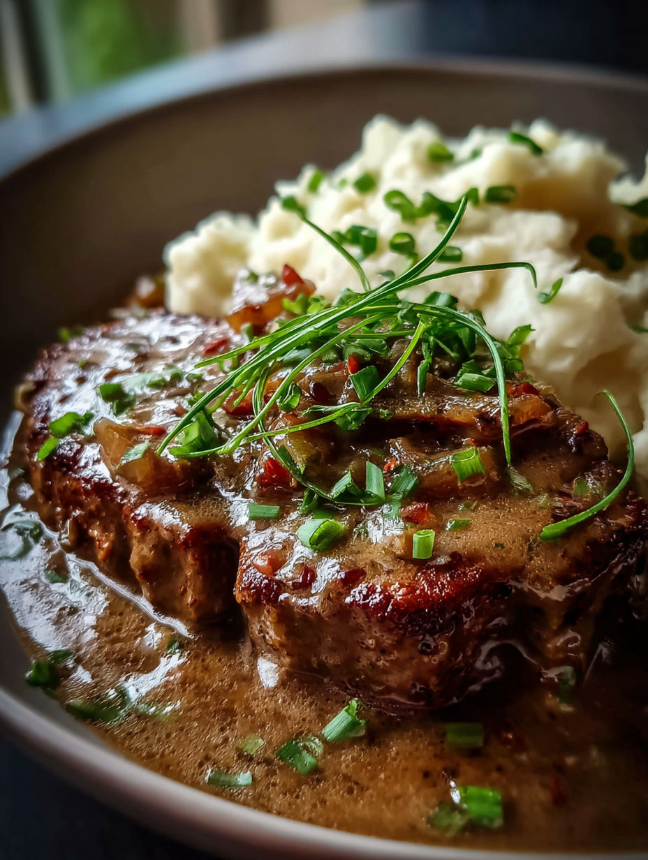 Close-up of tasty crock pot cube steak with creamy celery sauce