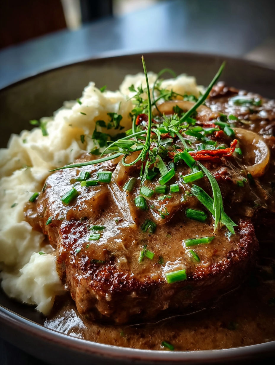 Close-up of slow cooker cube steak in creamy celery sauce.